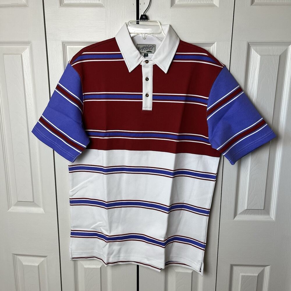 Bogey Boys Golf Triple Stripe Polo Shirt Red Blue White Large Short Sleeve